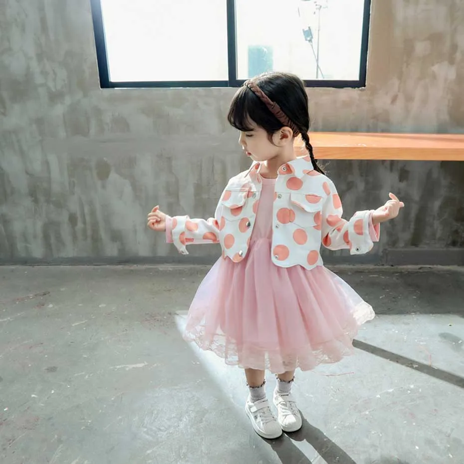 Новинка одежда для маленьких девочек куртка в горошек и платье стиле пэчворк