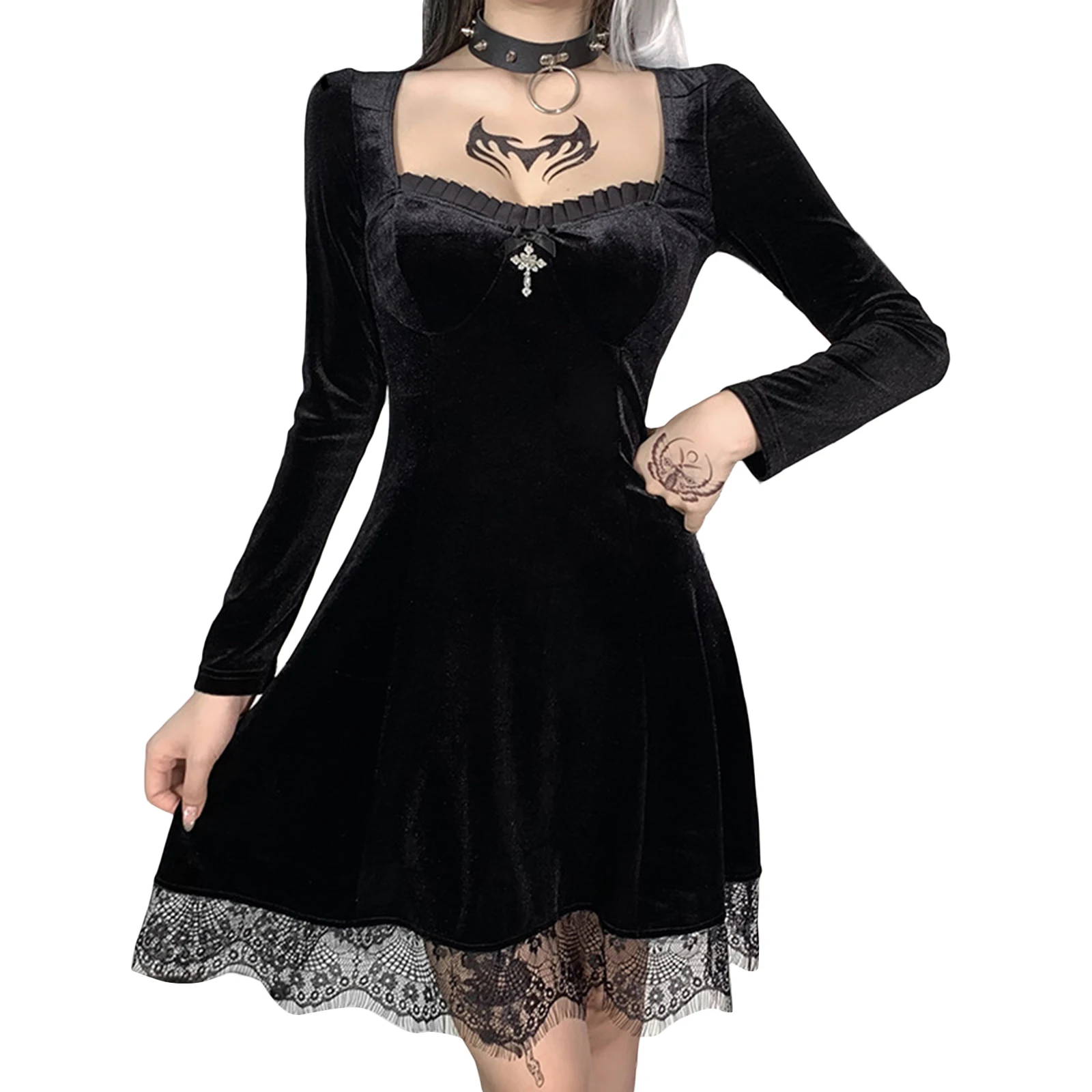 

Women’s Fashion Solid Color Gothic Dress Y2K Casual Long Sleeve High Waist Lace Trim A-line Dress Short Dresses Party Club
