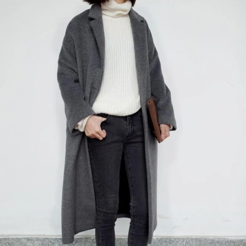 

Spring New Fashion Womens Slim Fit Woolen Jackets Female Retro Oversize Wool Blended Long Coat Ladies Outwears Size S-L