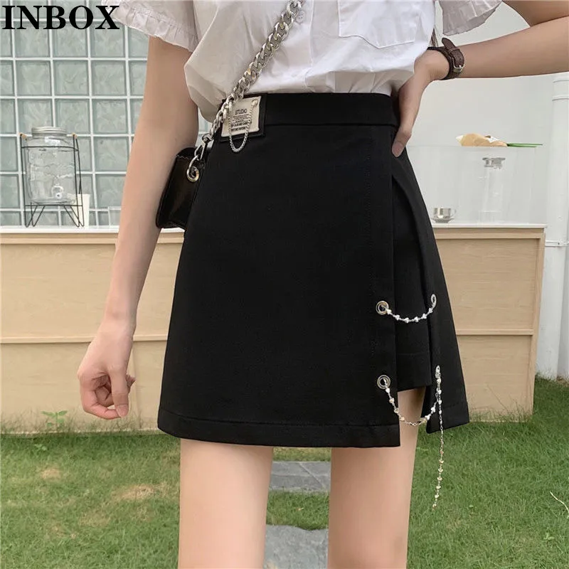 

INBOX Korean Style High Waist Women Fashion Asymmetry Chain Split Hem Black Ladies Skirts Sexy Short Mini Skirt