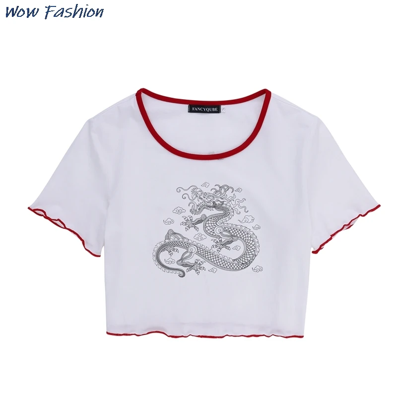 

Fashion Dragan Print T-Shirt For Women Casual Hit Color Short Sleeve Cropped Tops Streetwear Female 2021 Summer