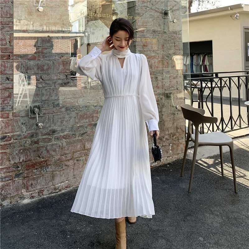 

Spring Midi Dress Harajuku Dress Party Korean pleated Long Sleeve Waist closed slim Dress White fairy Long Dress High waist 501B