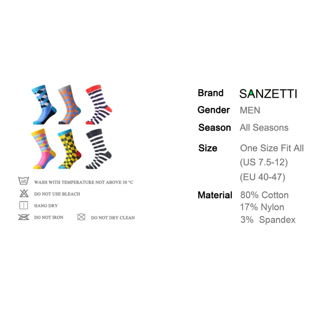 SANZETTI/6 пар/лот, мужские цветные повседневные носки из чесаного хлопка, удобные носки с узором для свадебного торжества, дня рождения, подарка, платья