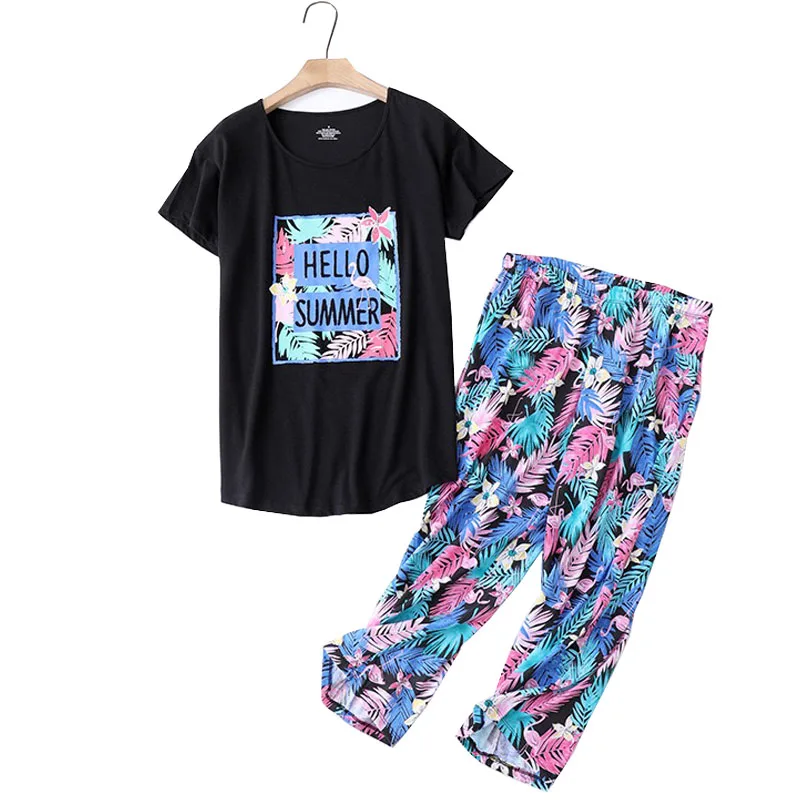 

Женский пижамный комплект большого размера, летняя свободная Пижама черного цвета с мультяшным принтом, Повседневная Домашняя одежда с кор...