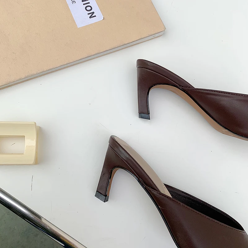 

2021 Pointed Toe Women Slippers High Heels Slip On Summer Dress Shoes Elegant Solid Color Fashion Slides Mules Pumps Size 35-39