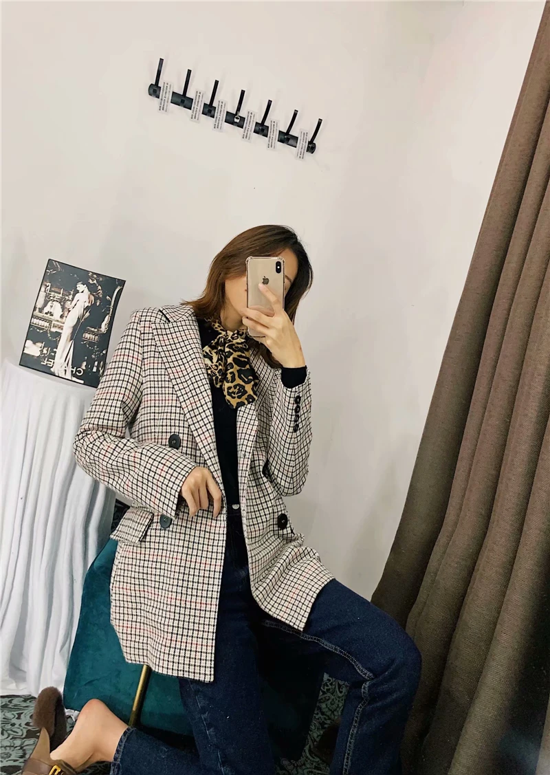 

TMODA749 Za Khaki Plaid Women 2021 Spring Slim Blazer Office Ladies Notched Collar Double Breasted Suits Loose Street Wear Tops