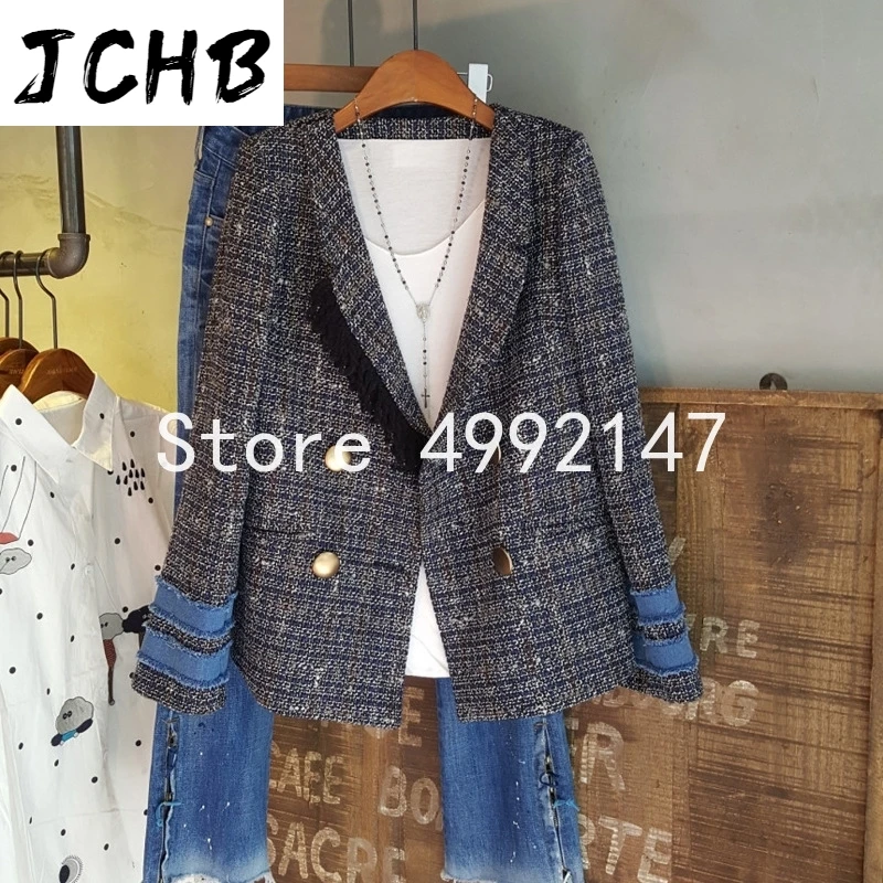 

women autumn 2021 shawl collar denim patchwork tassel OL tweed blazers Korean double breasted casual Jackets Y703