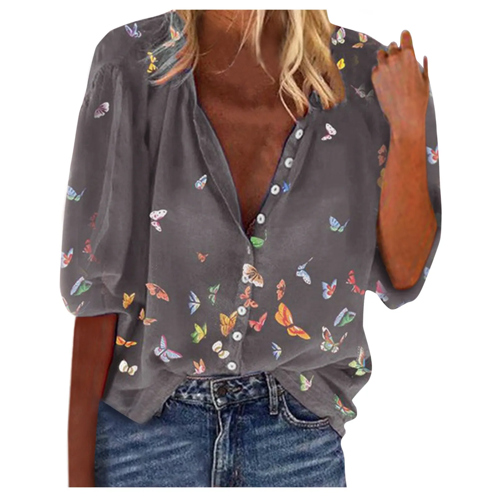 

40# Vintage Butterfly Printed Women Blouse Summer 2021 Half Sleeve Casual Ladies V Neck Blouses Elegant Blouses Chemise Femme