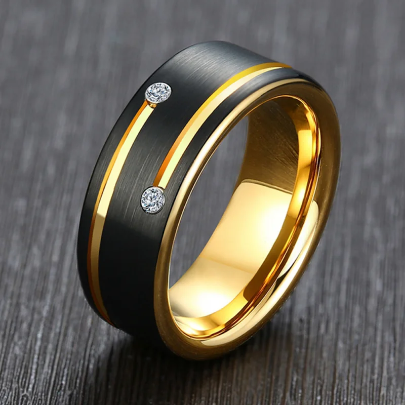 

I & FDLK Mens Stainless Steel Ring Black and Golden Color 8mm Wedding Band For Men AAA Cubic Zirconia Jewelry Size 6-13