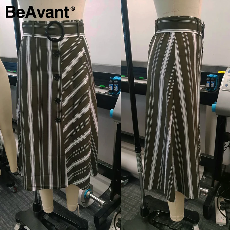

BeAvant High waist loose striped autumn skirts A-line button sashes women skirt Elegant green irregularity design bottom 2020