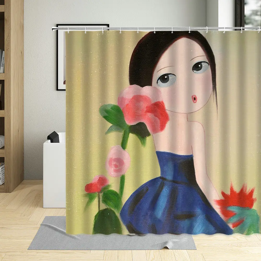 

Nordic Style Waterproof Bathroom Curtains Cartoons Pretty Girls Illustration Floral Plant Art Poster Shower Curtain With Hooks