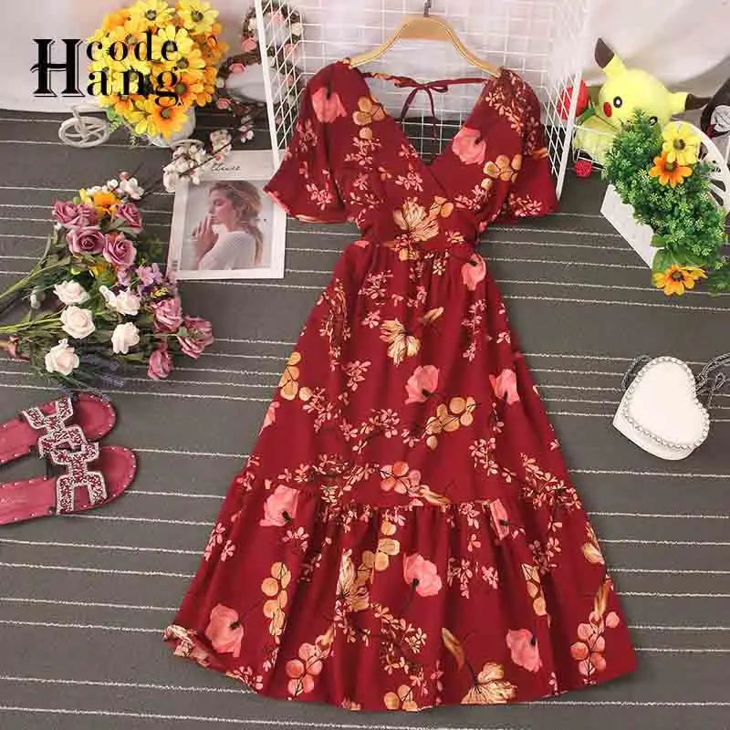 HangCode Бохо цветочный принт красное женское платье короткий расклешенный рукав