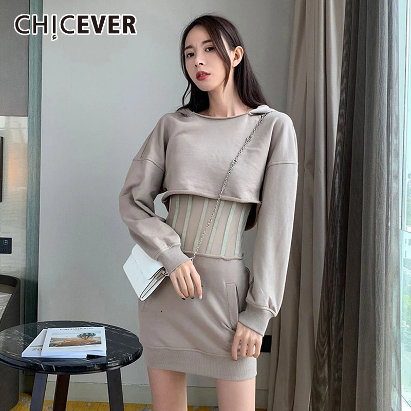 CHICEVER корейский стиль лоскутные платья для женщин с капюшоном фонарь длинный