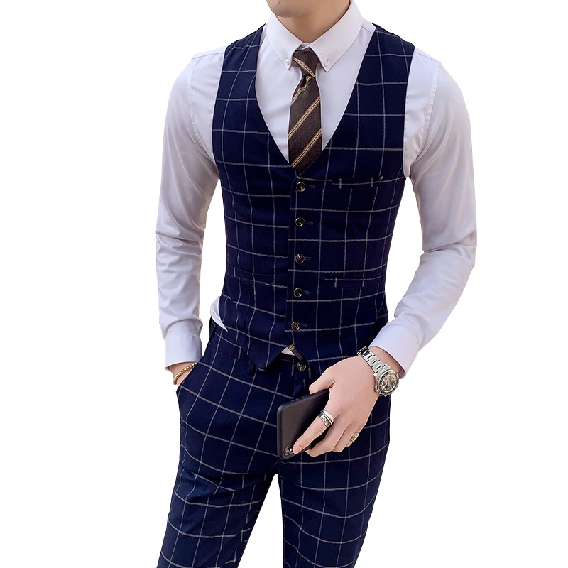 (Жилет + брюки) Брендовые мужские бутик клетчатый деловой костюм жилет жениха