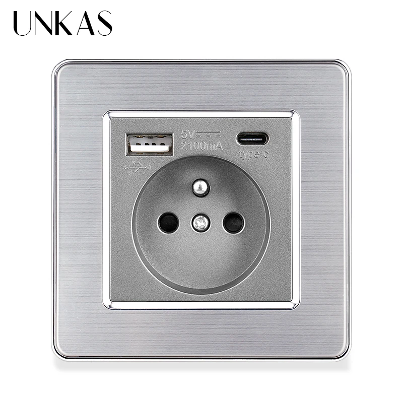 Французская розетка UNKAS с USB-портом типа C серого цвета + ТВ RJ11 телефонный разъем RJ45