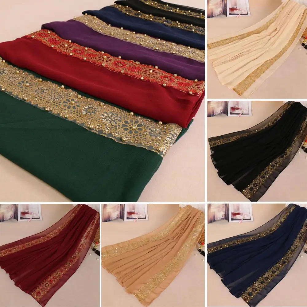 180*85 см мусульманский женский платок кружевной Жемчуг исламский хиджаб Средний