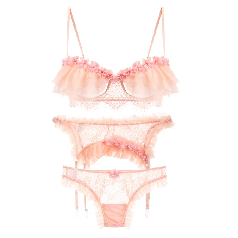 

Sexy Bra and Thongs Pajamas Lingerie Set with Garter Women Lace Ruffles Transparent Temptation Applique Intimates Underwear