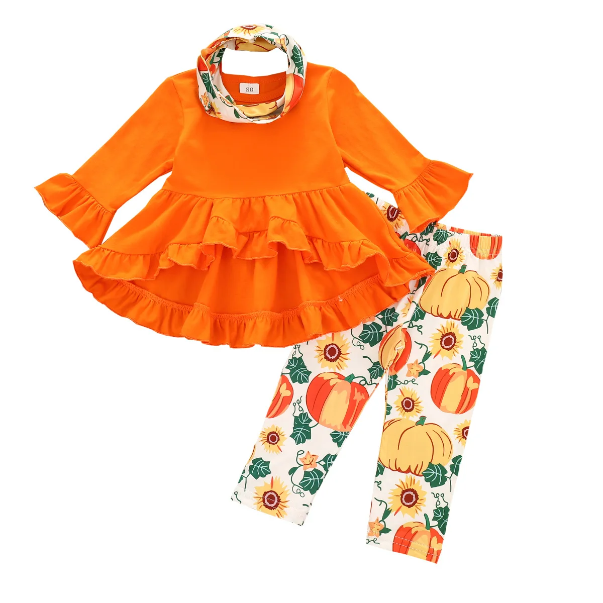 

Toddler Girls Fall Clothes Orange Ruffle Dress Pumpkin Pants Scarf 3 Pieces Halloween Outfits Set Boutique Kids Clothing Costume