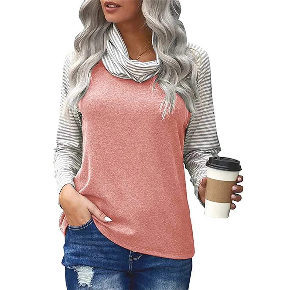 

2021 Autumn Winter Women's Tops Fashion Striped Turtleneck Color Matching Long-Sleeved T-Shirt Ladies Casual Loose Splicing Tees