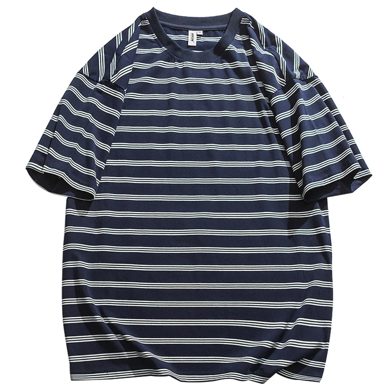 

Summer High Quality Japanese Streetwear Striped T-Shirt Harajuku Loose Couple Round Neck Short Sleeve Korean Tops Men Clothing