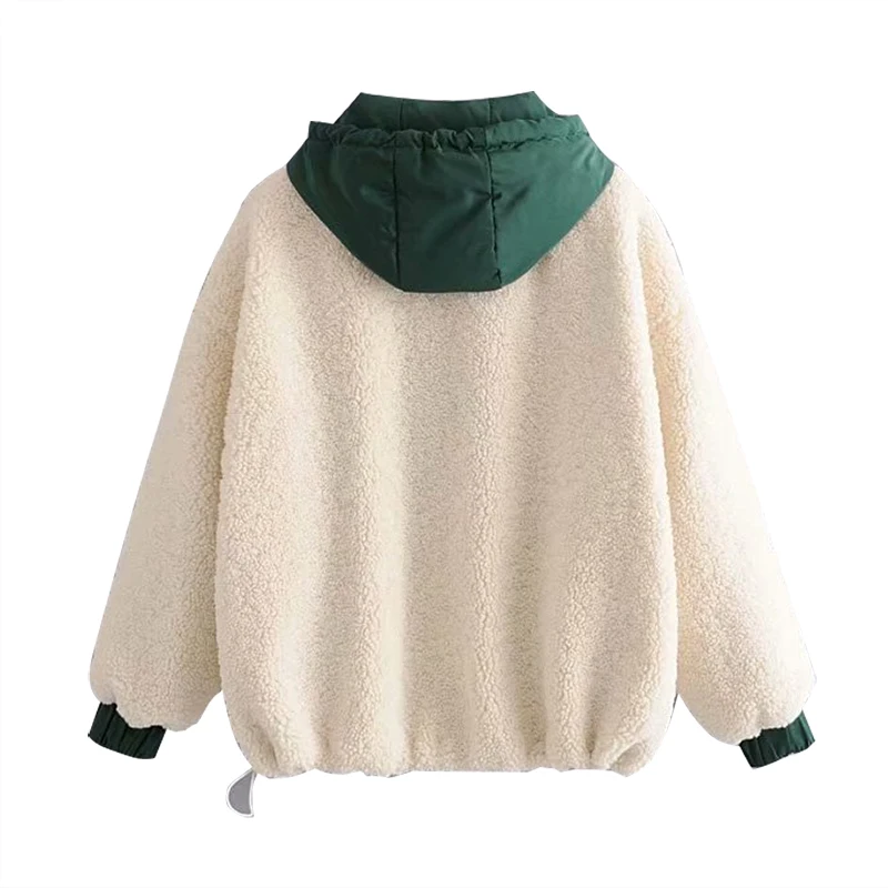 

Fashion Winter Warm Hooded Teddy Coat Women Patchwork Long Sleeve Pocket Jacket Female Loose Casual Plush Faux Fur Coat