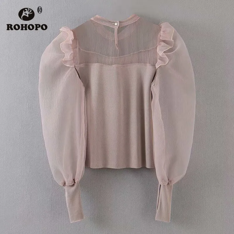 ROHOPO круглый воротник хаки Тюль Блузка гофрированный Shouler Puff длинный рукав Джерси