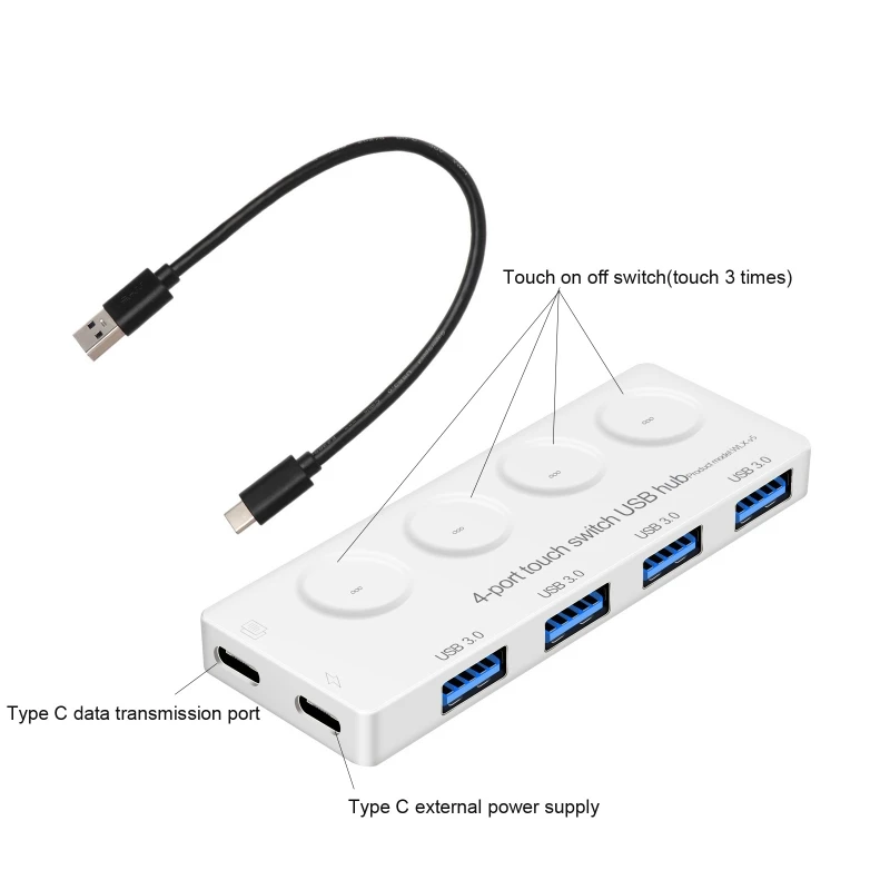 

USB 3.0 Data Hub with Individual Touch On/Off Switches and LED Light for Laptop WXTB