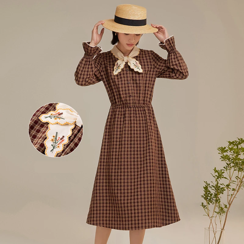 

INMAN Autumn Spring Women's Dress Plaid Retro Literary Fresh Embroidery Tie Decoration Sweet Flared Cuffs A-Line One-Piece