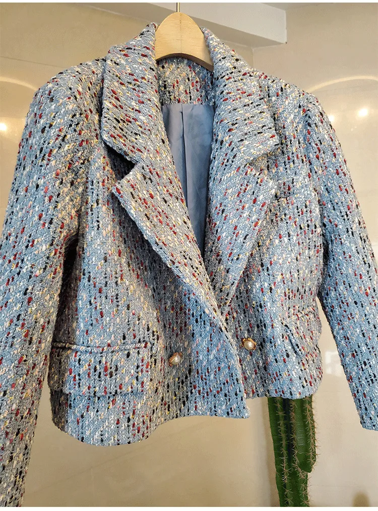 

JSXDHK Designer Fall Winter Tweed Short Jacket Coat Women Fashion Pink Color Striped Long Sleeve Female Vintage Woolen Outerwear