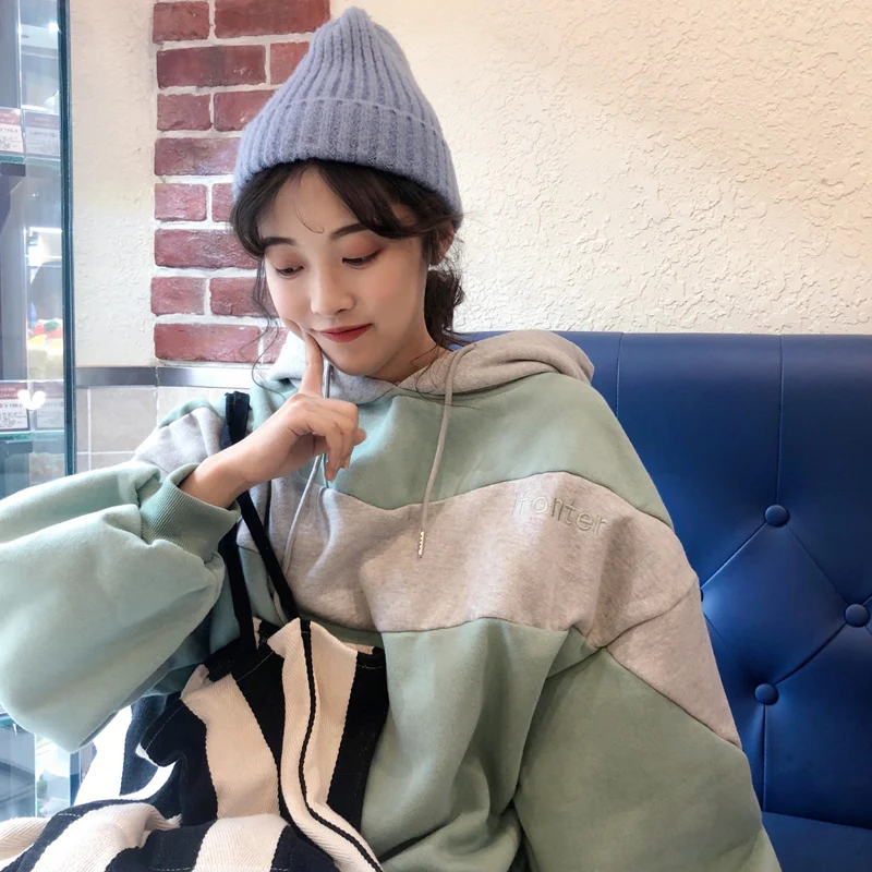 

Hoodies Women Ulzzang Patchwork Autumn Winter Plus Velvet Harajuku Loose Batwing Sleeve Pullovers Womens Clothes Chic Casual