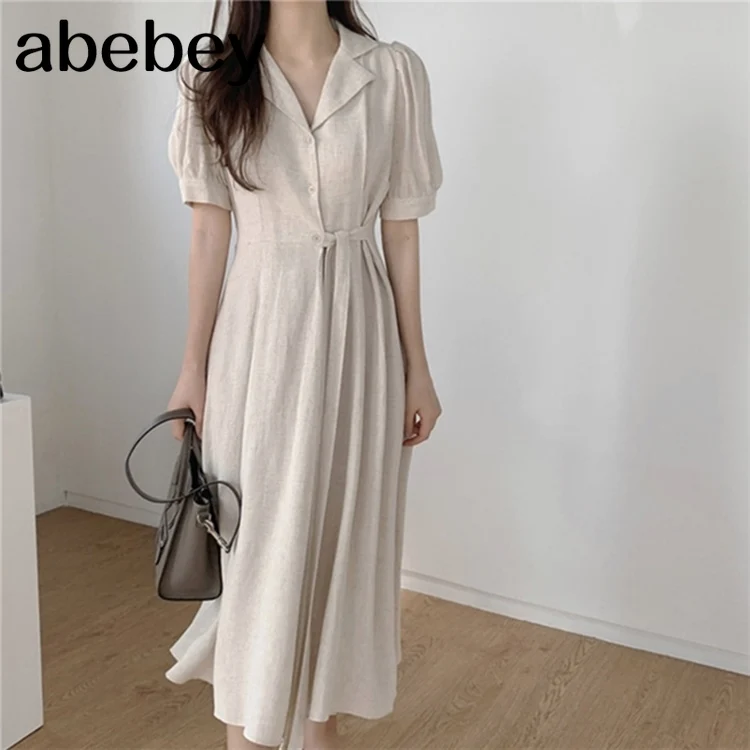 

New 2021 Women's Summer Dresses Casual Puff Sleeve Cotton and Linen Elegant Lace Up Draped Long Shirt Dress