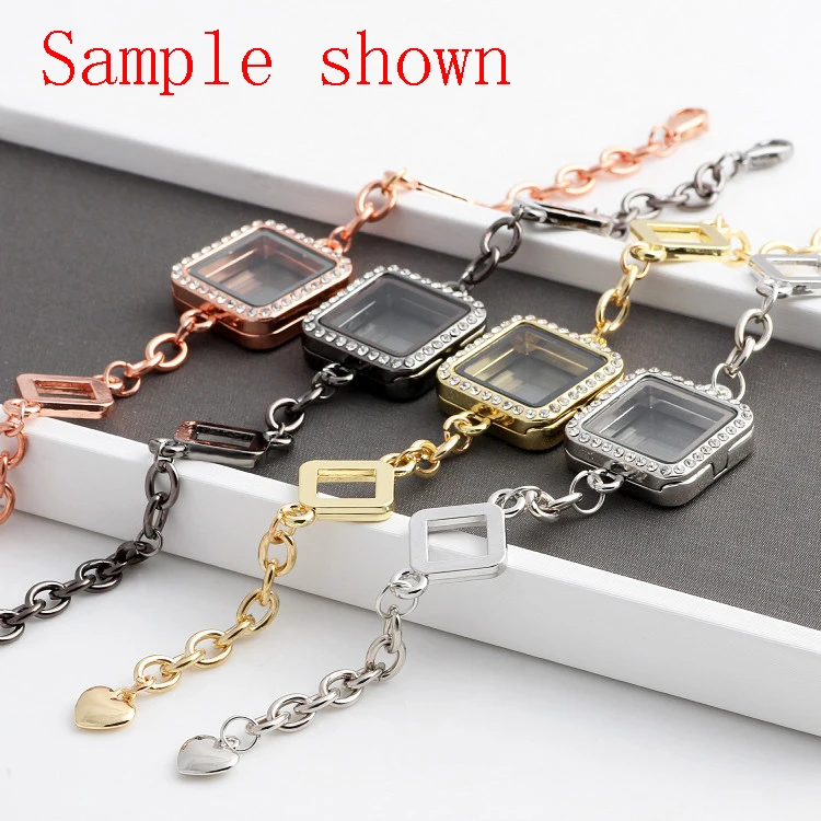 

10pcs/lot mix color square Locket Pendants Round Rhinestone Glass Living Memory Charm Locket for Bracelet Bangle women jewelry