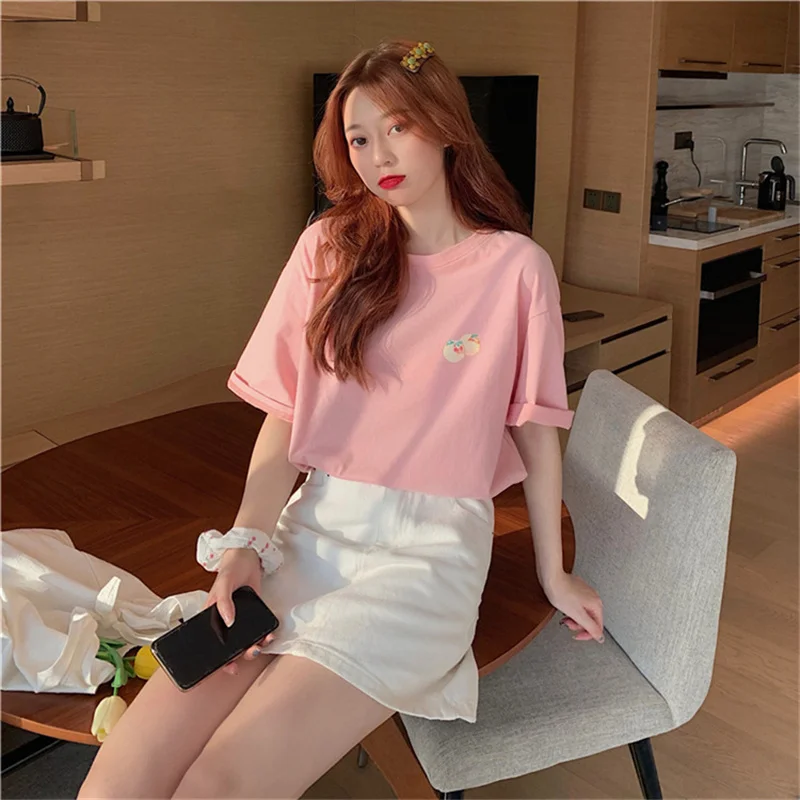 

Peach Printed Loose Short Sleeve T-Shirt Cartoon Womens 2021 Short Summer Regular Tee Pink Mid-Length Top New All-Match Clothes