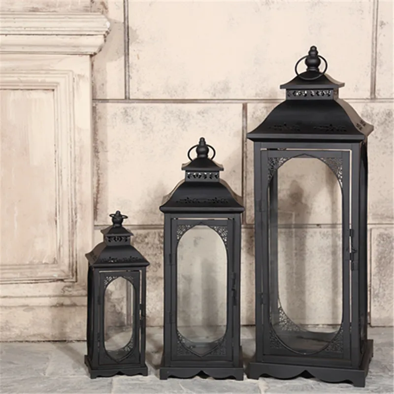 Железный подсвечник в скандинавском стиле черный ветрозащитный стеклянный