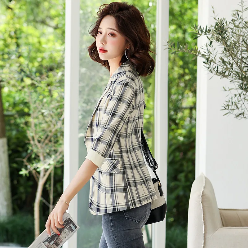 Женский винтажный блейзер в клетку с одной пуговицей осенние куртки карманами