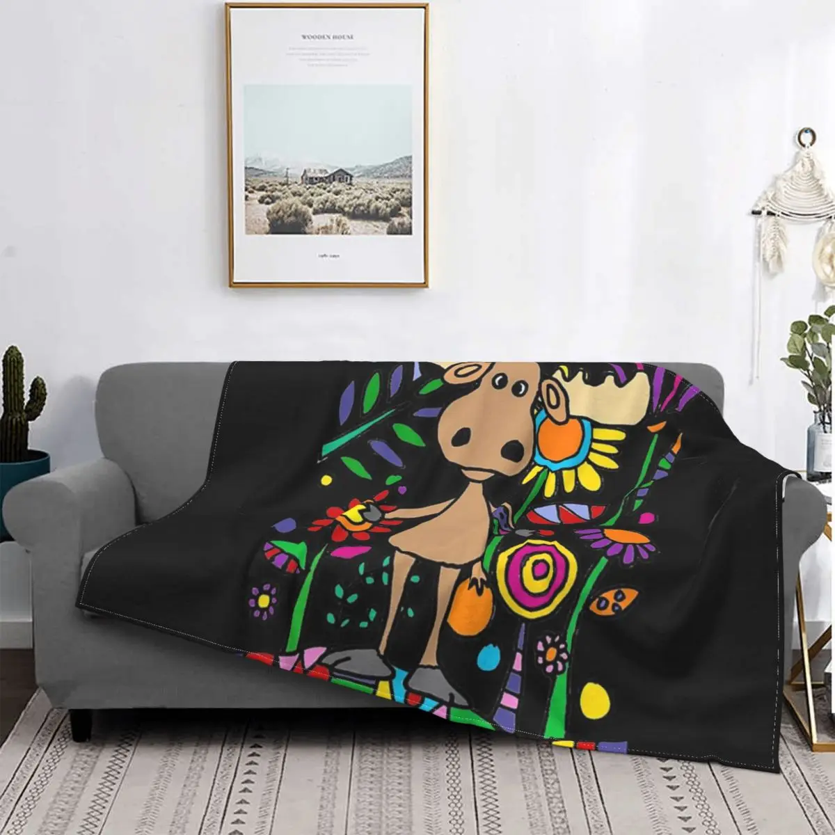 

Cute Moose In Flower Garden Art Blanket Bedspread Bed Plaid Cover Picnic Plaid Thermal Blanket Children'S Cover