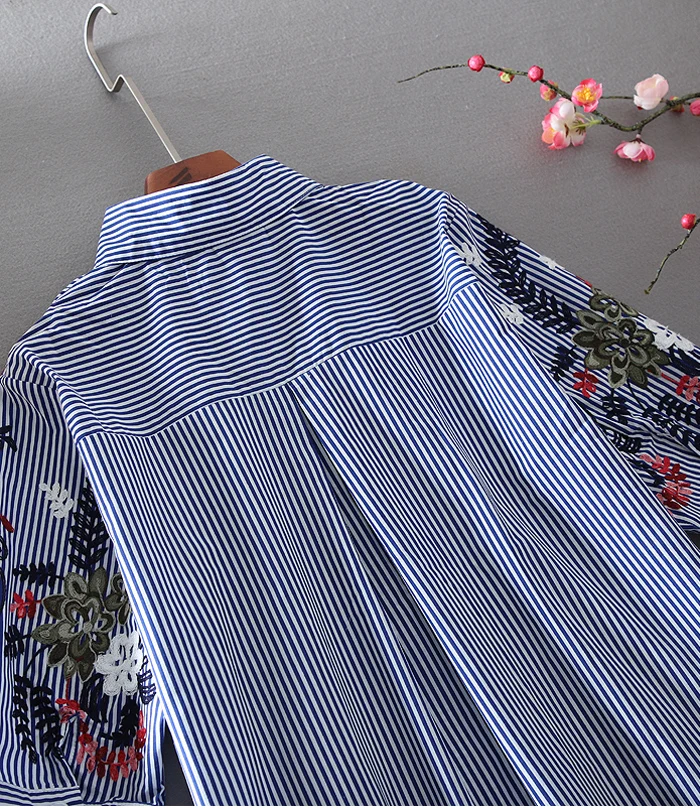 

women's spring autumn half sleeve casual loose striped cotton shirt lady's embroidery single breasted blouse TB3968