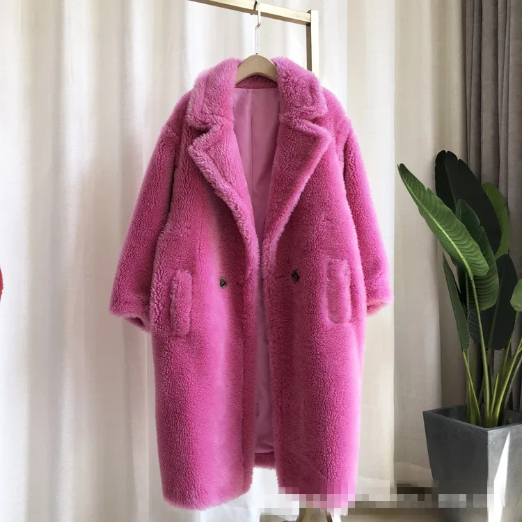 roes red Зимнее пальто с натуральным мехом, плюшевый мишка, коричневые флисовые куртки, женский модный костюм, воротник из альпаки, плотное пальто, теплая длинная парка - Цвет: roes red