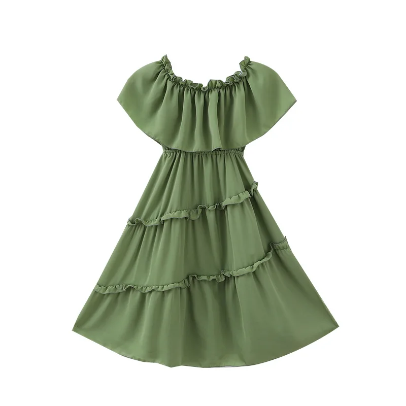 

Europe 2021 summer chiffon Teenager kids Girls clothes mesh Spiral green Layered Dress lace beach 4 5 6 7 8 9 10 11 12 Years