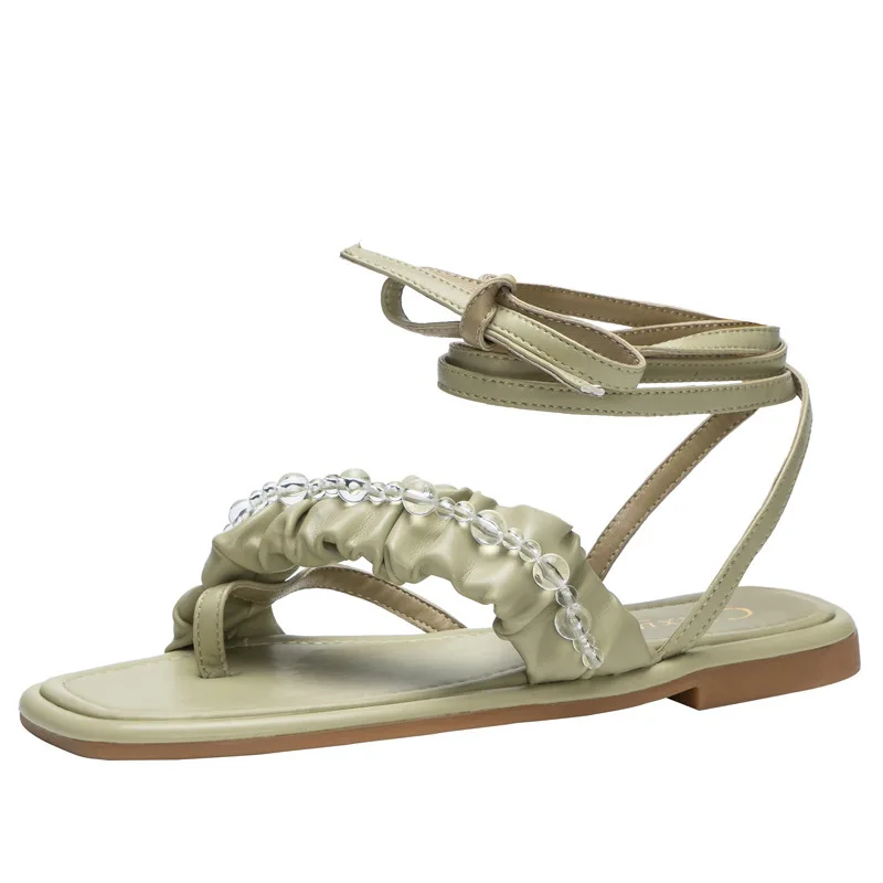 

Sandales Femme High Quality Ladies Sandals Summer 2021 Two Wear Beaded Straps Fashion One-word Flat Comfortable Beach Shoes 42