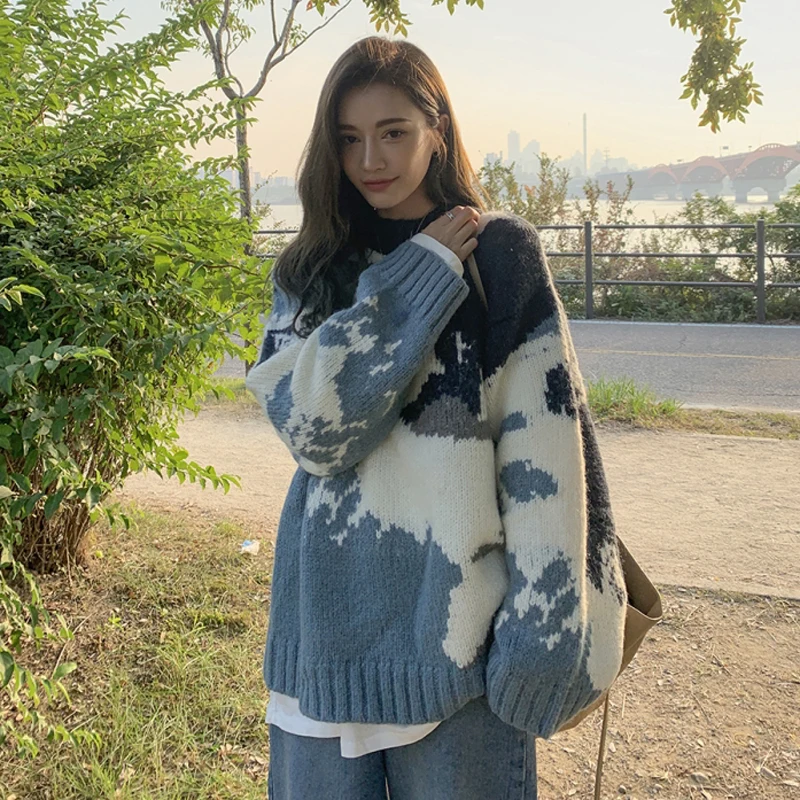 

YAMDI jumper vintage woman 2020 sweater women korean pullover elegant cute oversized loose spring winter knitted thick v neck