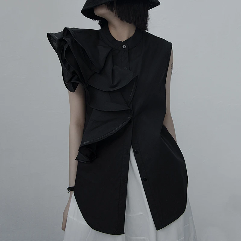 

[EAM] Women Black Ruffles Long Blouse New Stand Collar Sleeveless Loose Fit Shirt Fashion Tide Spring Summer 2021 1DD9582