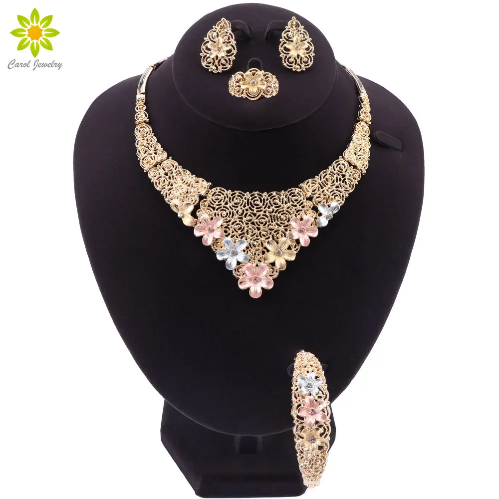

Exquisite Dubai Gold Color Jewelry Set Nigerian Wedding African Beads Jewelry Set Flower Design Necklace Earrings Sets for Women