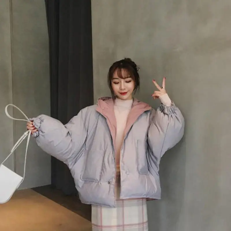 Women wearing cotton padded clothes on both sides 2021 new winter short cotton padded jacket thickened Korean loose bread suit