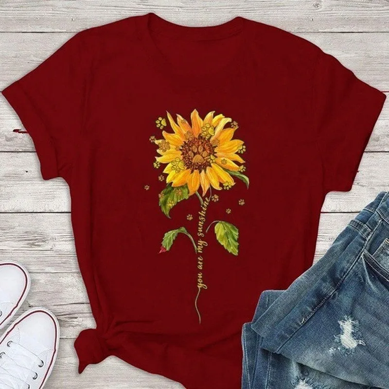 

Футболка женская с коротким рукавом и круглым вырезом, свободная рубашка с принтом подсолнуха, топ с надписью, на лето