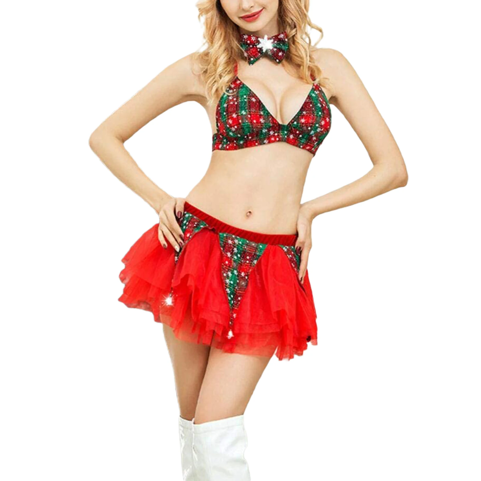 Women's Christmas Lingerie Costume Set Sexy Snowflake Plaid Bikini Bra + Mini Tutu Skirt Bow Tie Santa Hat | Тематическая
