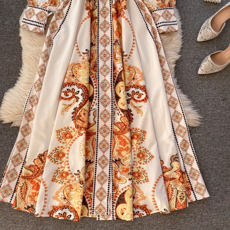 

Women Court Wind Print Maxi Dress Autumn Retro Turn-down Collar Button A-line Dresses Korean Fashion Bohemian Long Robe
