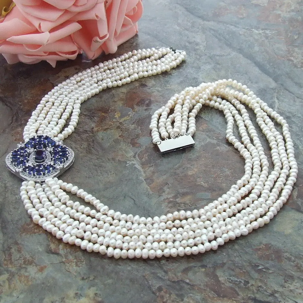 Ручной работы натуральный 6 прядей белый жемчуг ожерелье микро-инкрустация