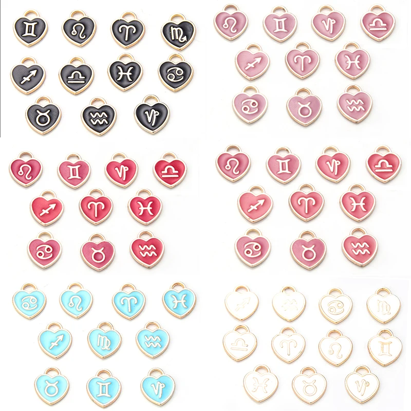 

12pcs 11.5x14mm 12 Constellations Heart Charm Double Face Enamel Charms Jewelry Handmade Pendant For Diy Bracelet Jewelry Making