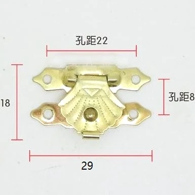 Замок-застежка из латуни с покрытием золотого бронзы, размером 18*29 мм, в комплекте 100 штук. Используется для крепления украшений, декорирования изделий из дерева и мебели.